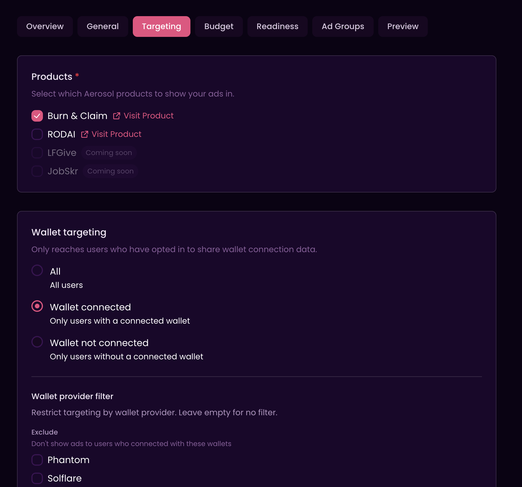 Campaign setup interface